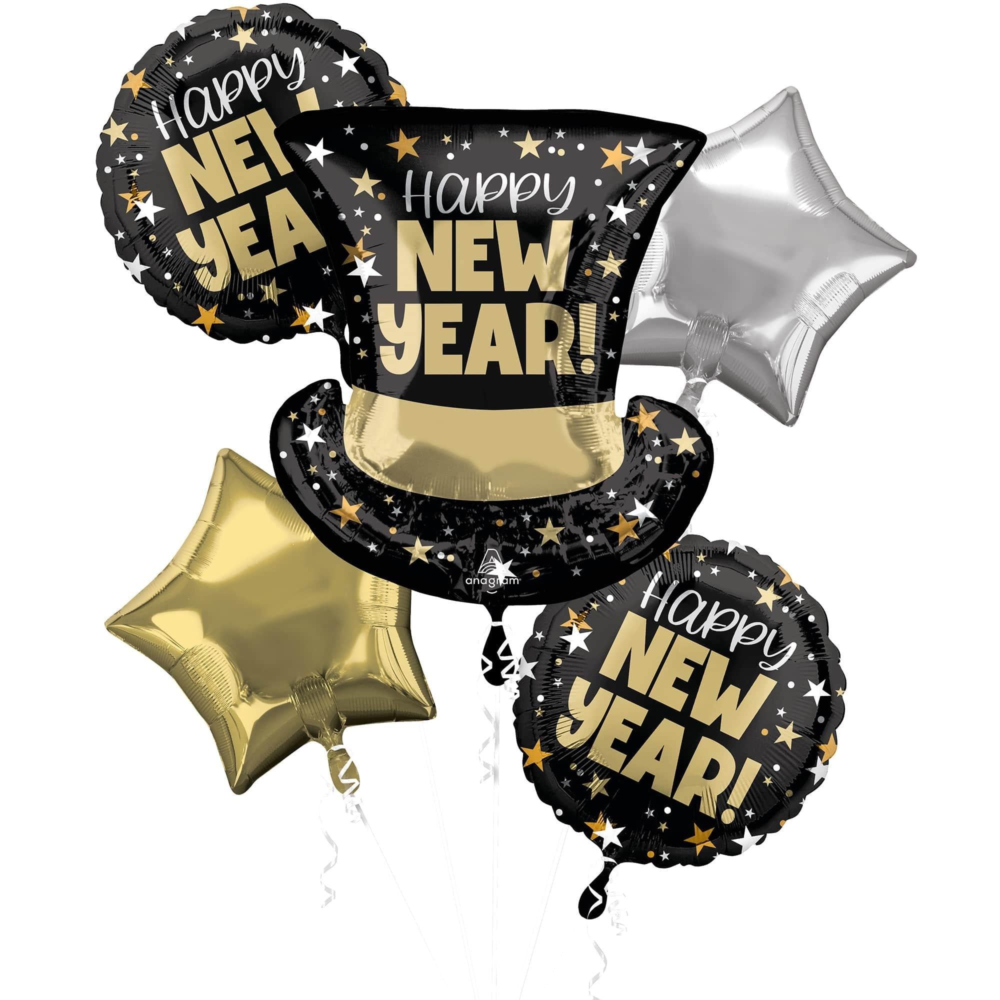 NYE Top Hat Foil Balloon Bouquet, 5pc