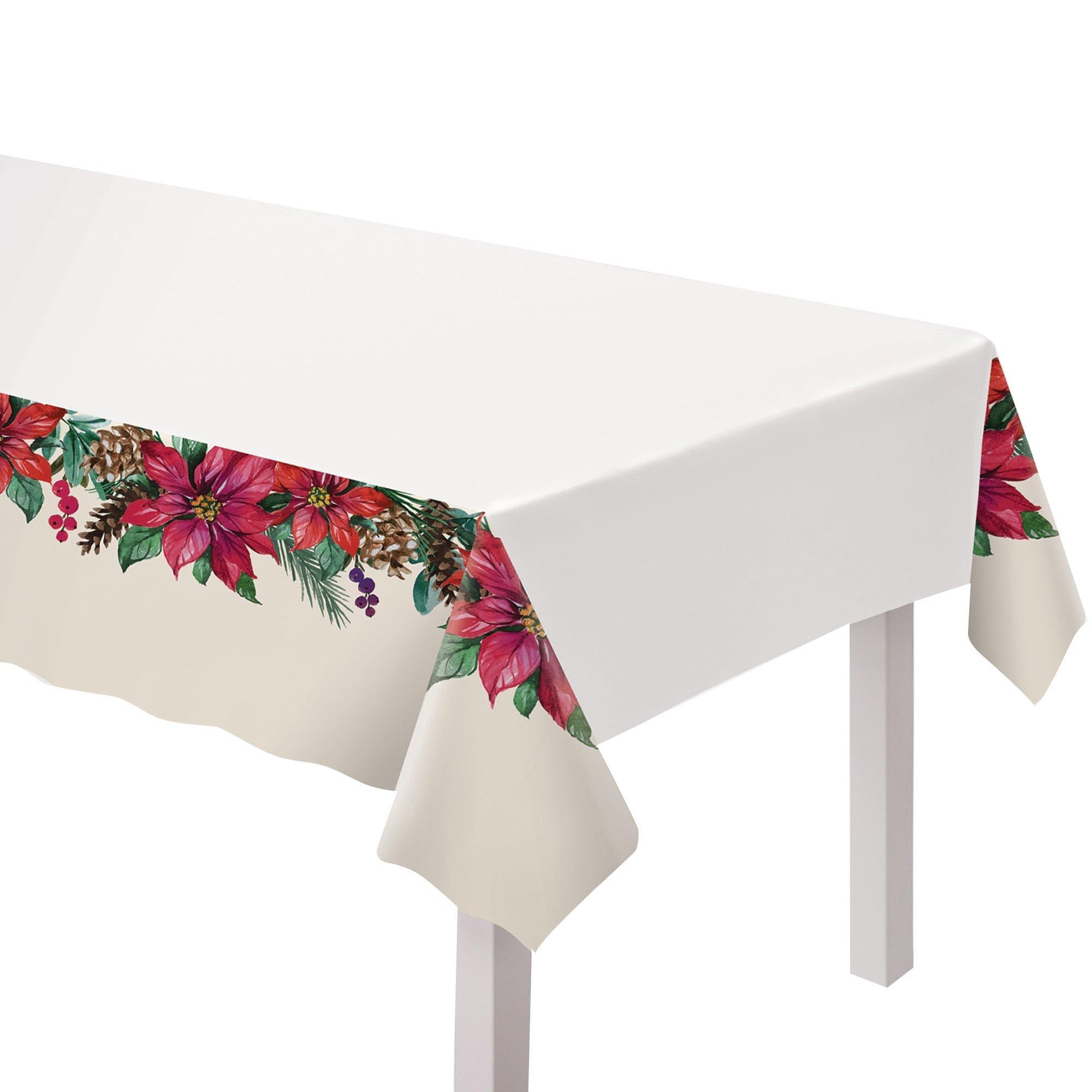 Traditional Poinsettia Plastic Tablecover, 1pc 54 x 102in