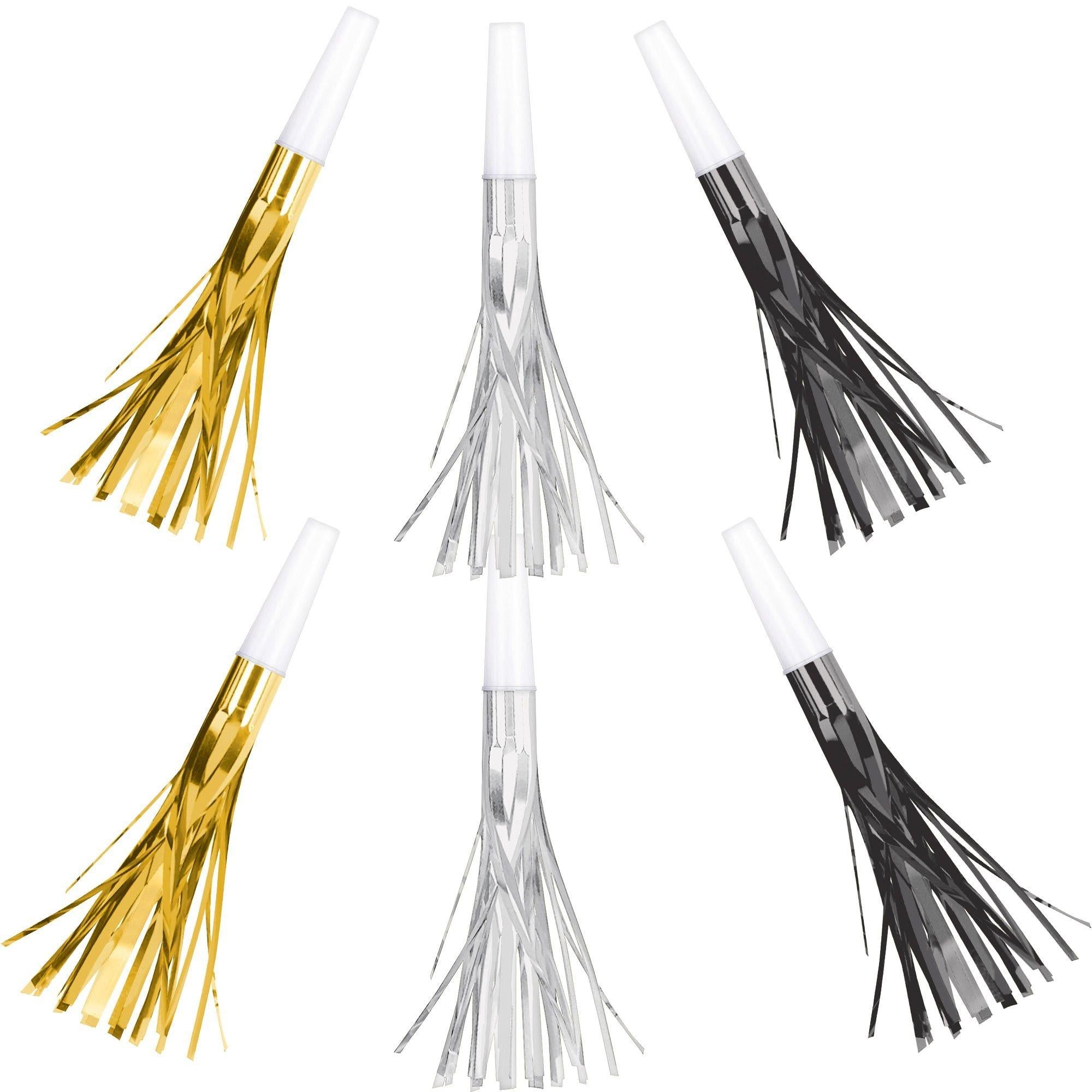 Metallic Black, Gold & Silver Fringe Party Horns 8ct