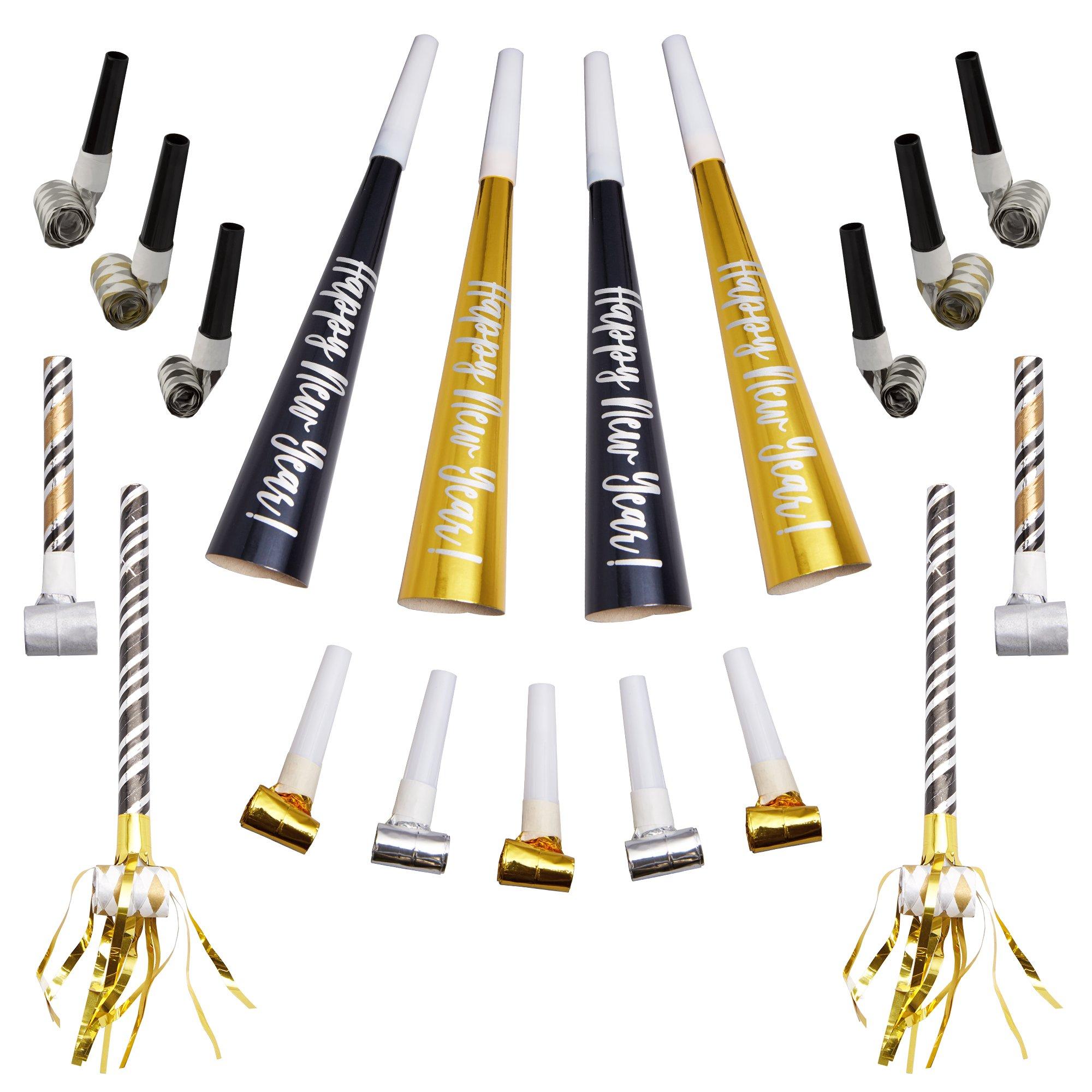 Black, Gold & Silver New Year's Eve Party Horns & Blowouts 50pc