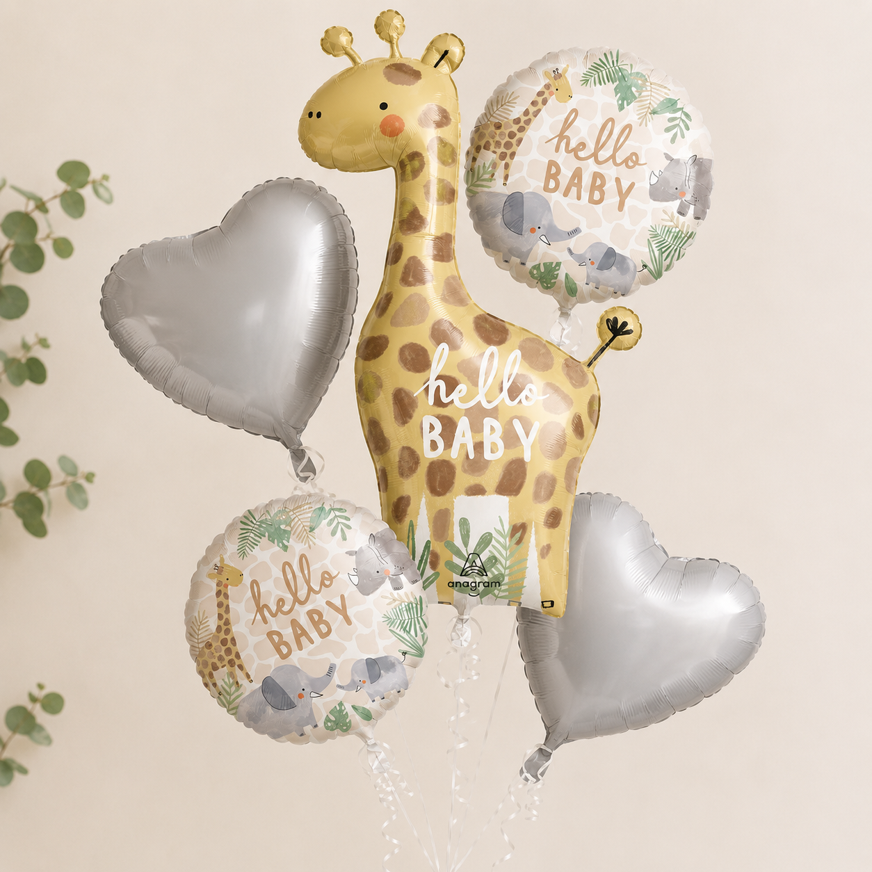 Soft Jungle Baby Shower Foil Balloon Bouquet, 5pc