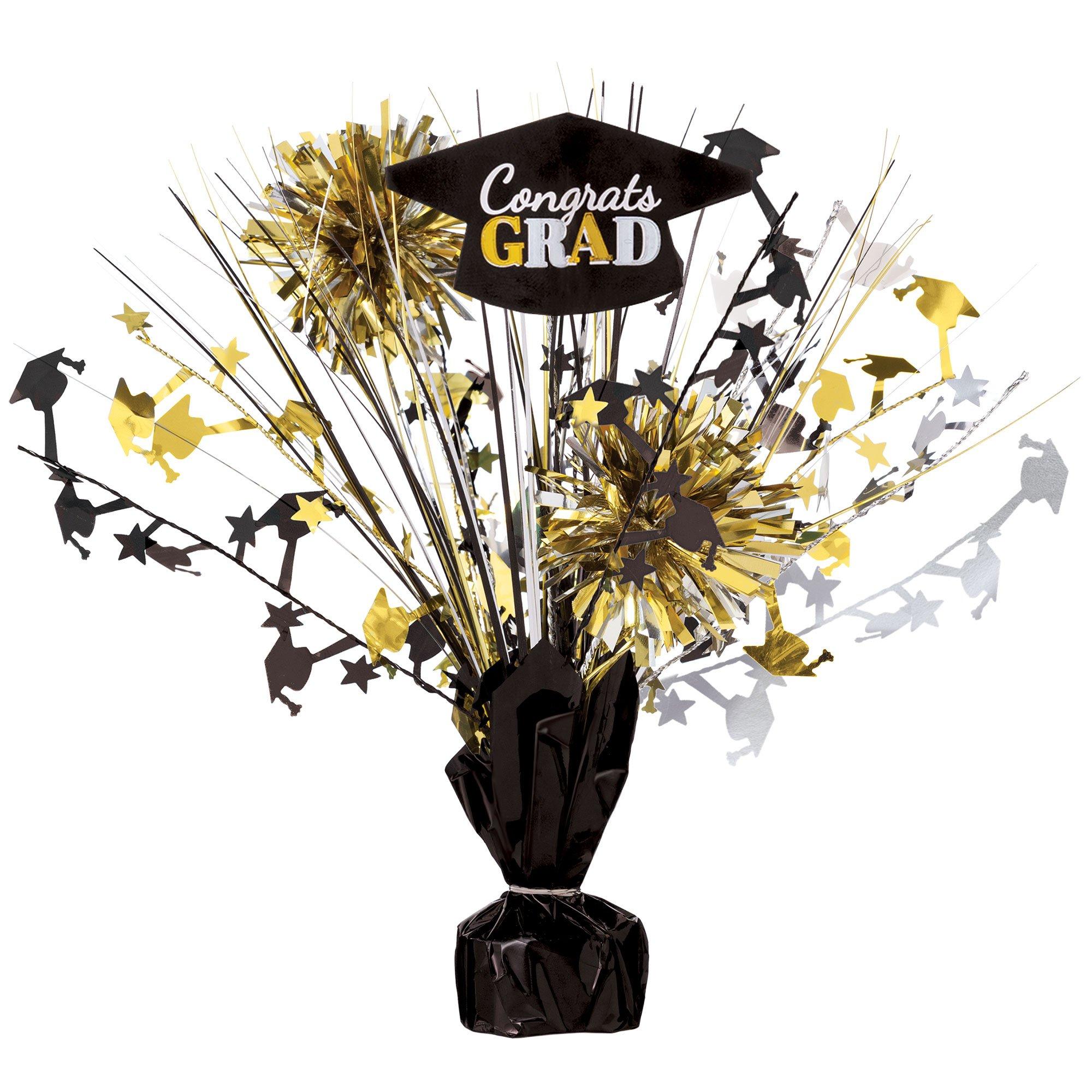 Black, Silver, & Gold Congrats Grad Tinsel Burst Spray Centerpiece, 9in