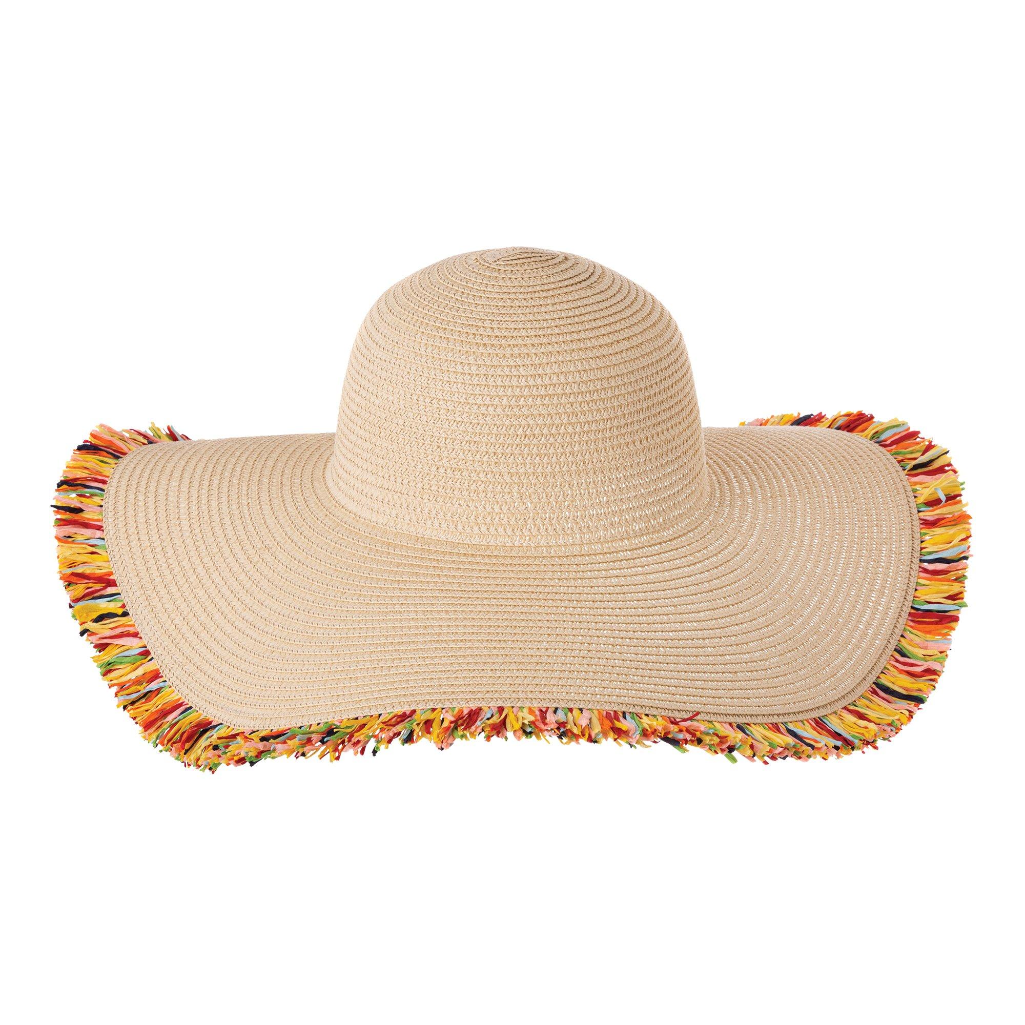 Boho Fringe Wide-Brim Floppy Straw Hat for Adults, One Size