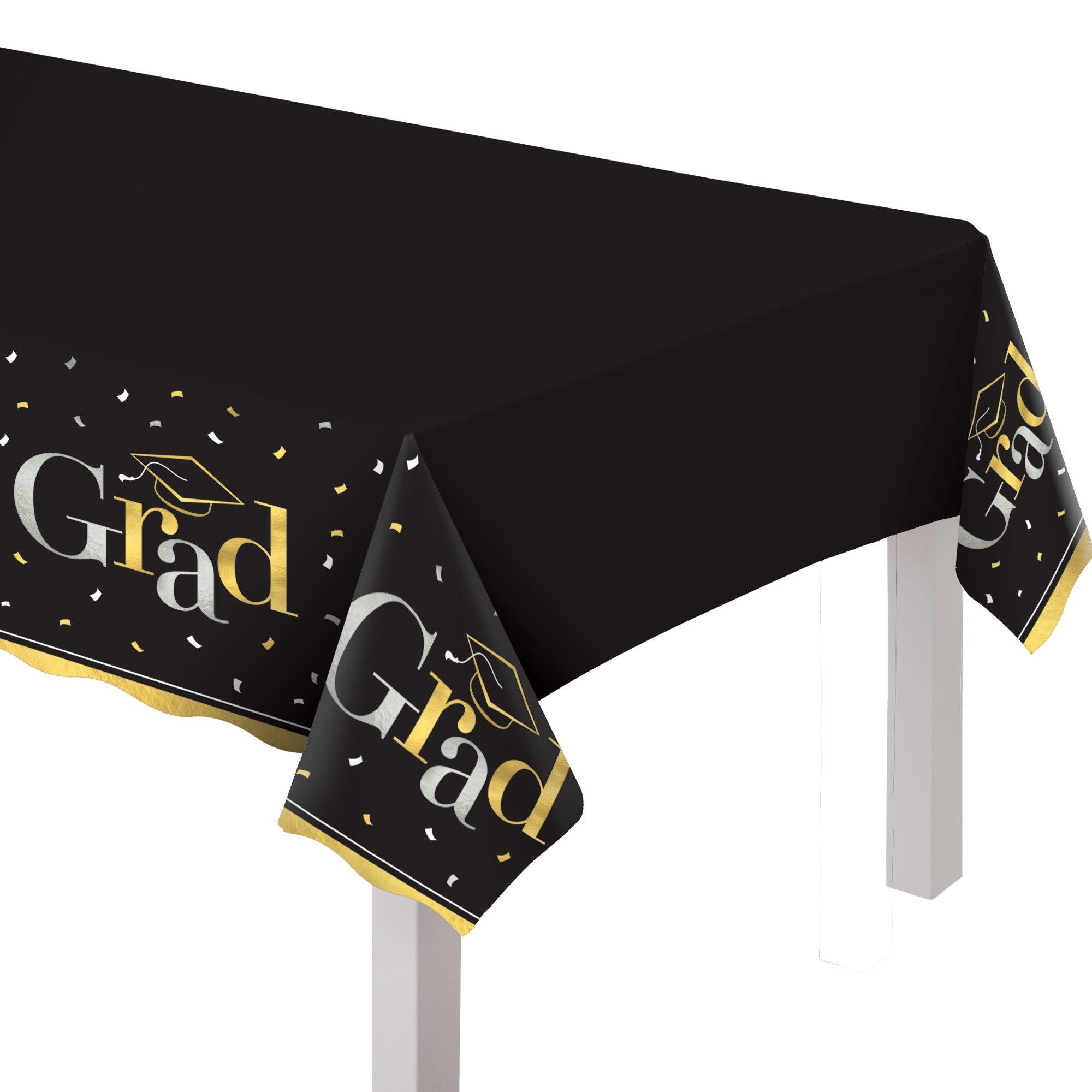 Black, Silver & Gold Grad Plastic Table Cover, 54in x 102in - Class Dismissed