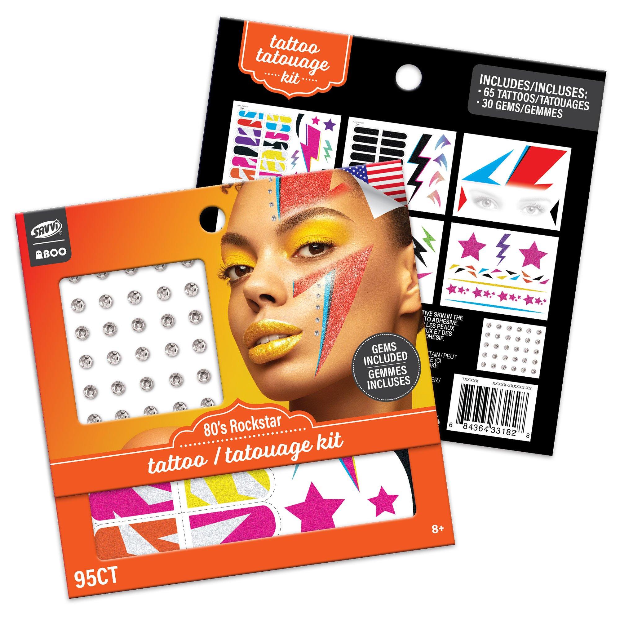 80s Glam Rock Star Temporary Face Tattoo Kit, 95pc