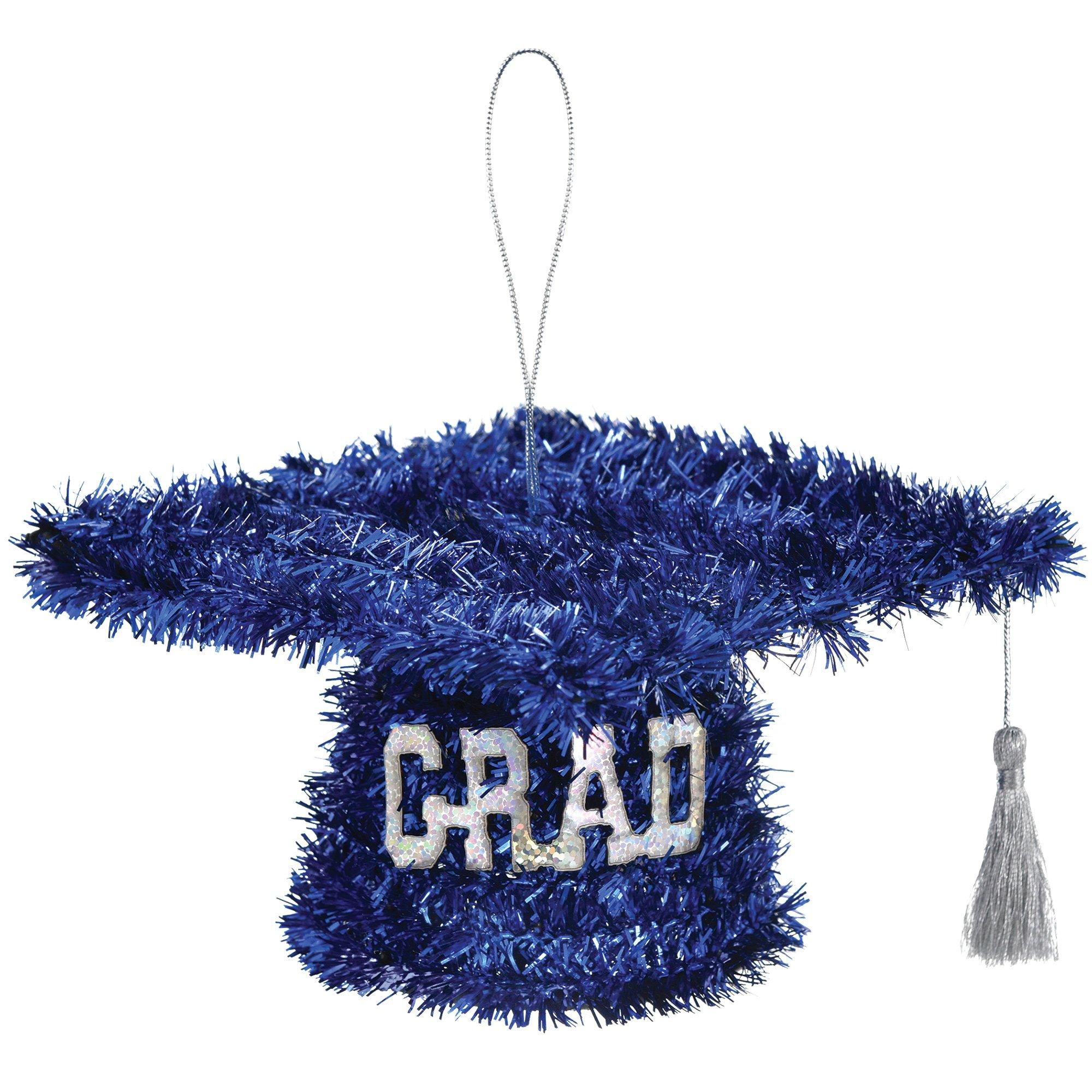 Blue Graduate Cap Tinsel with Silver Tassel, 5x3in ?C Hanging or Table Decoration