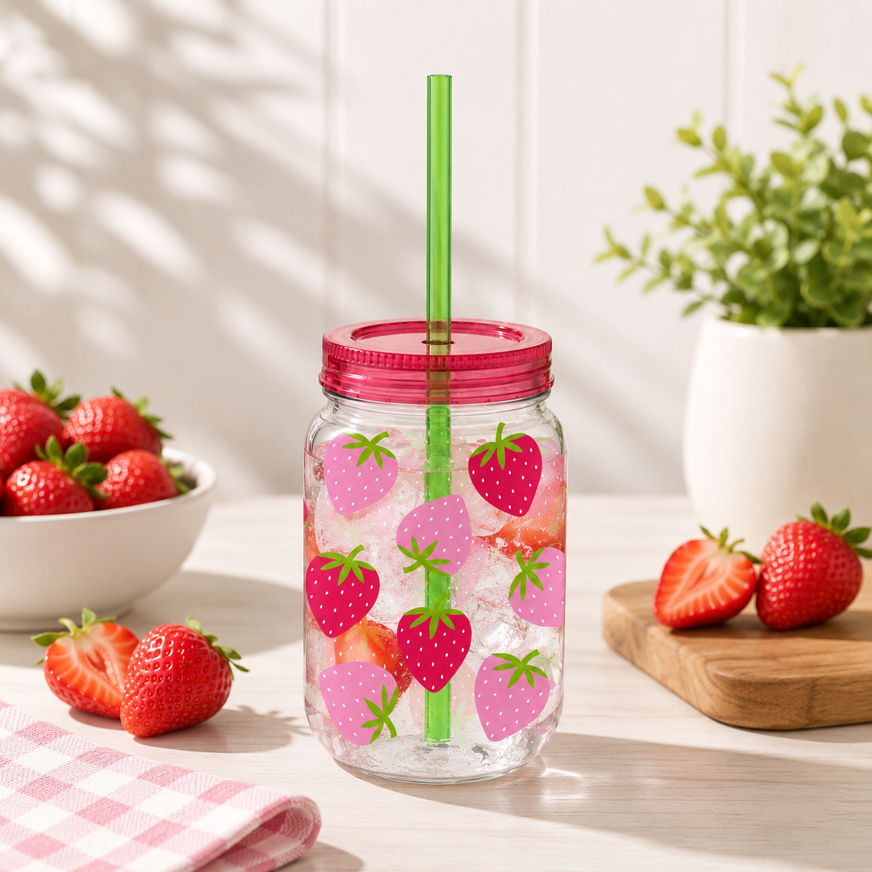 Summer Strawberry Plastic Mason Jar Cup with Straw, 16oz