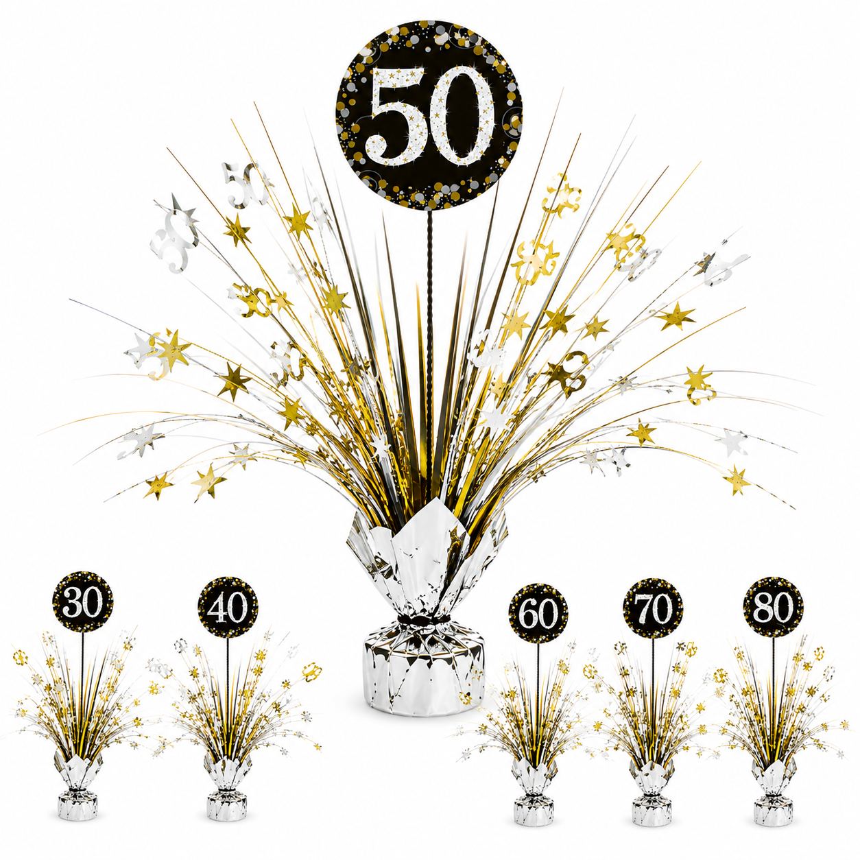 Milestone Birthday Spray Centerpiece - Sparkling Celebration, Ages 30, 40, 50, 60, 70, 80