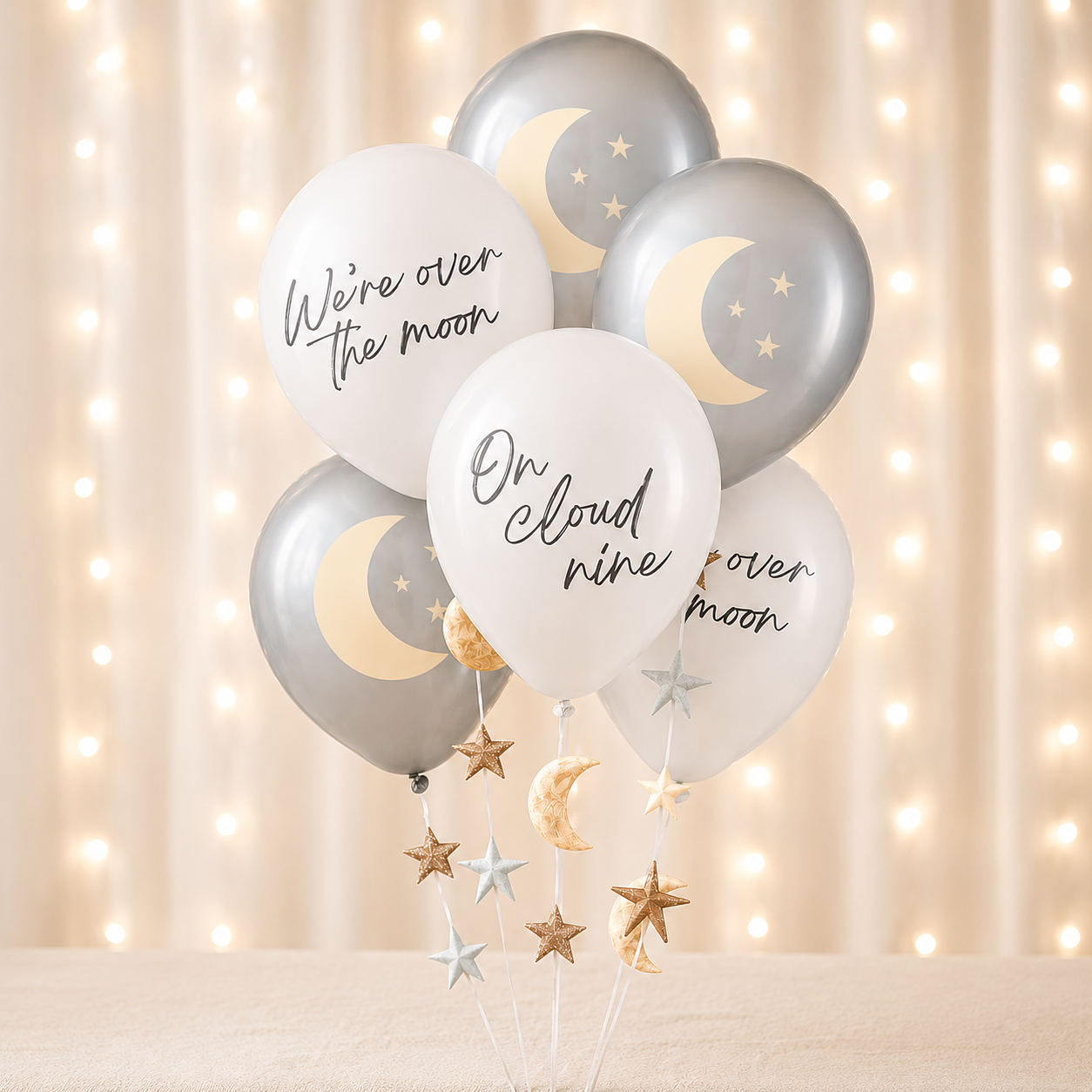 Over the Moon Baby Shower Latex Balloons, 12in, 6ct, with Balloon Tails
